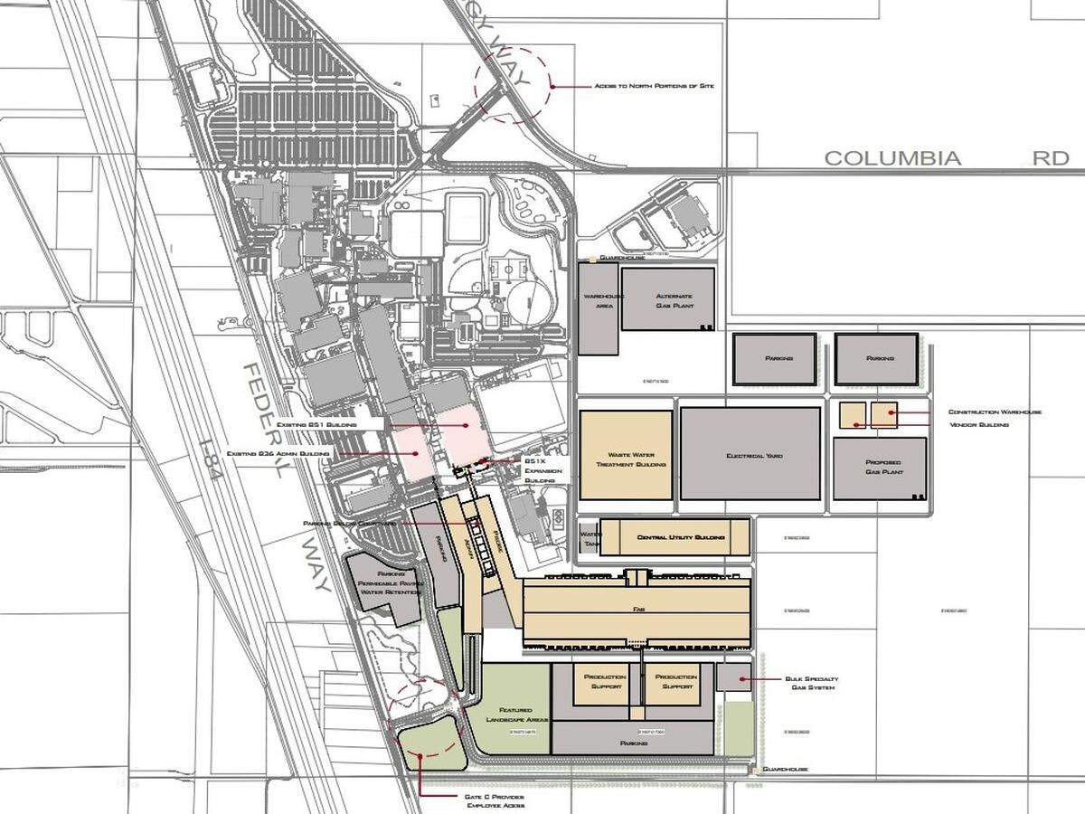A map of Micron Technology Inc.’s planned expansion in Southeast Boise for a $15 billion memory-chip fab, including related buildings. The existing headquarters campus is at left, facing Federal Way. The fab and production-support buildings are at the bottom center of the image. Immediately north of them are other support buildings.