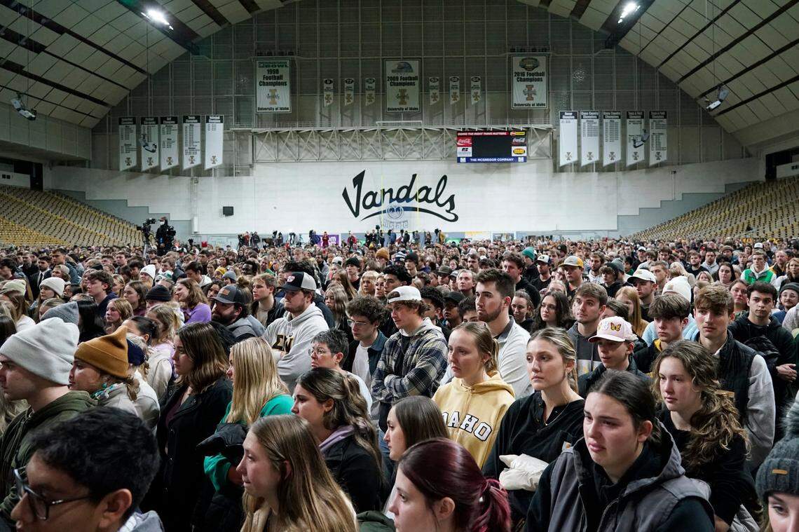 People attended a vigil at the Kibbie Dome in Moscow for four University of Idaho students who were killed in November 2022. The event, held on Nov. 30, 2022, including members of the victims’ families speaking about their loved ones.
