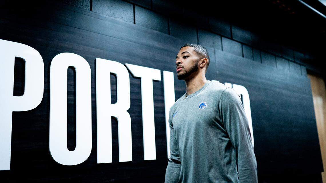 Boise State’s Marcus Shaver Jr. arrives at the Moda Center on Wednesday for the Broncos’ open practice. The Broncos play Memphis in the first round of the NCAA Tournament on Thursday.