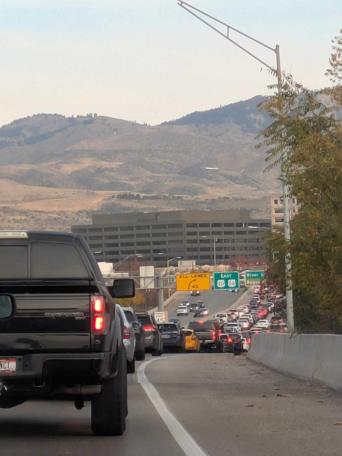 Traffic sits on the Interstate 184 Connector heading into downtown Boise on in this 2025 file photo. Topping your car off all the way may be costing you in fuel efficiency.