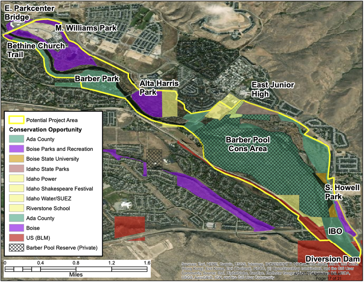 Map of a region along the Boise River (between Diversion Dam and E Parkcenter Bridge) shows the proposed area for conservation work. Different colored regions indicate who owns the land.