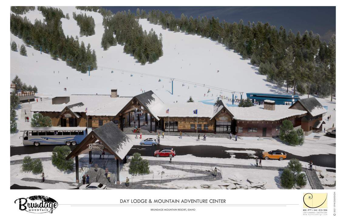 A rendering shows what Brundage Mountain Resort’s new 20,000-square foot base lodge will look like.