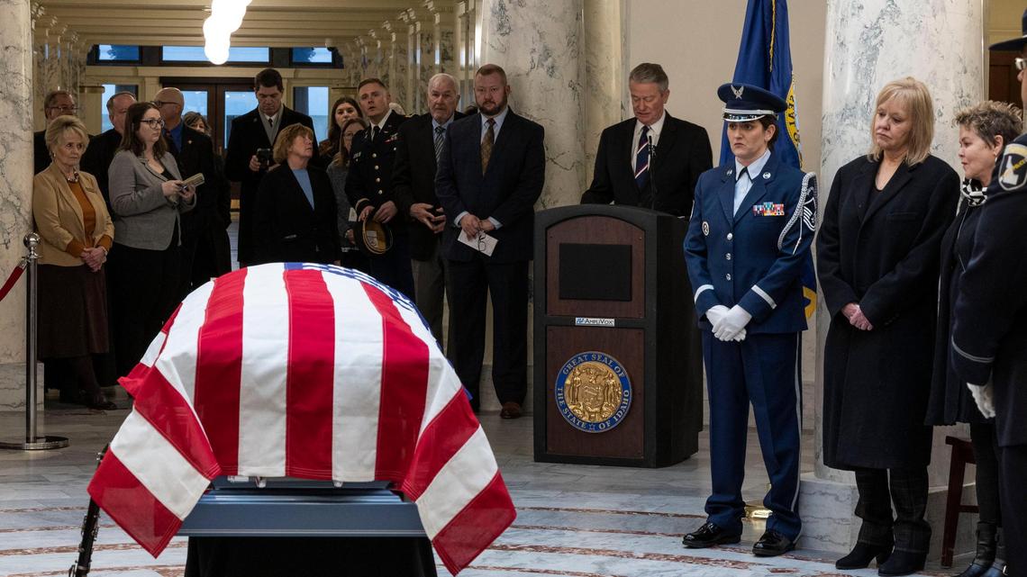 Idaho Gov. Brad Little shares his experiences with Phil Batt at a service honoring the former governor, Thursday, March 9, 2023, at the Statehouse in Boise. Gov. Batt served as Idaho’s governor from 1995 to 1999.