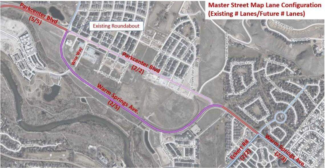 The Ada County Highway District currently has a mile-long section of East Warm Springs Avenue, shown in purple, slated for a future upgrade to five lanes. Barber Valley residents and the Boise City Council have asked the highway district to upgrade the two-lane road by adding a center turn lane and single-lane roundabouts on Warm Springs.