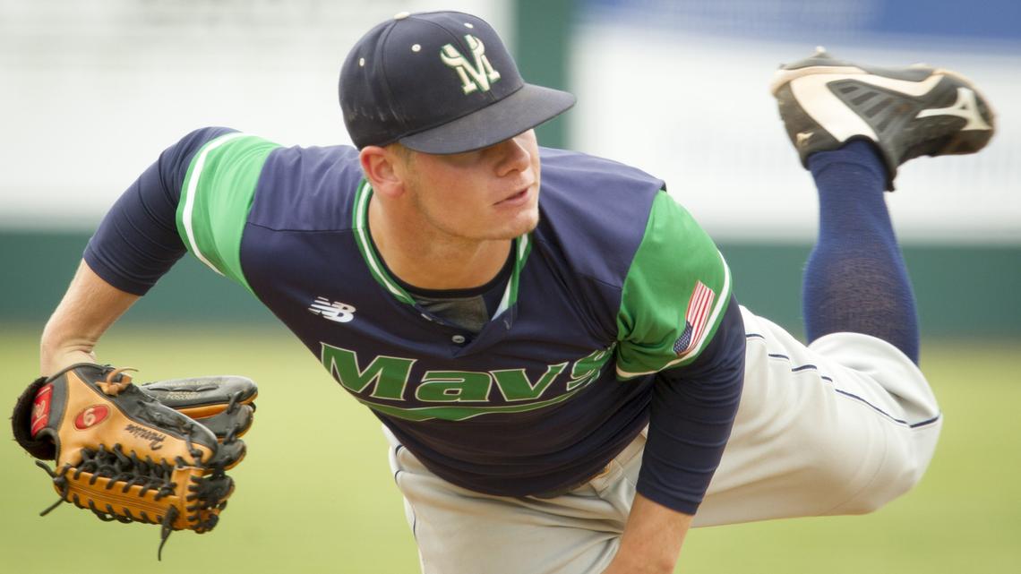 Mountain View pitcher Riley Harrison unleashes a pitch against Bonneville during the first round of the 2018 5A baseball state tournament at Borah High.