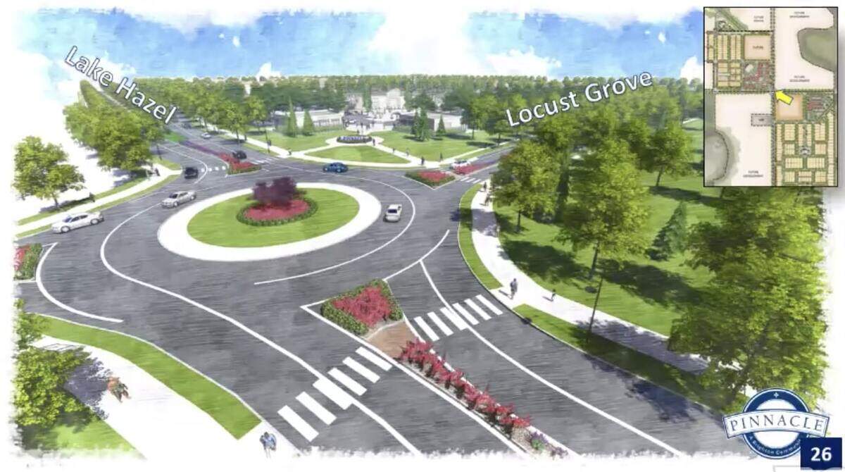 Brighton Corp. made an agreement with the Ada County Highway District to build a two-lane roundabout at the intersection of Lake Hazel and Locust Grove Roads, seen here in an artist’s rendering looking toward the northwest. Meridian Mayor Robert Simison said he liked the roundabout, but wished it would be just one lane wide, to make it safer for pedestrians crossing the road.