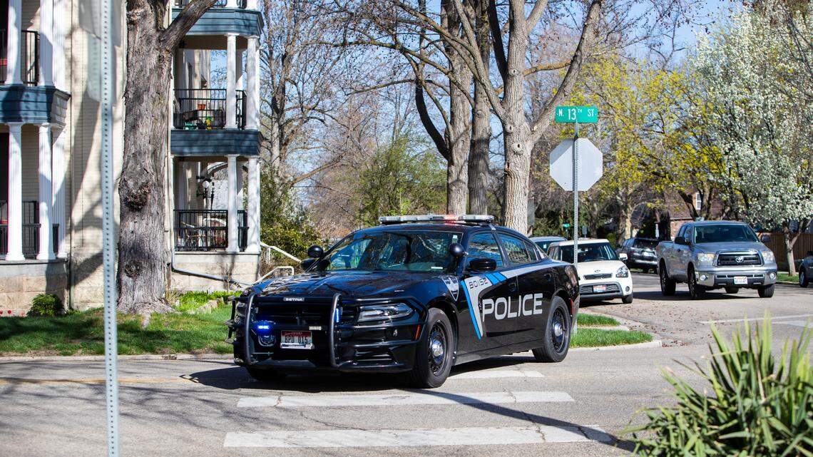 Boise Police Department officers work in the blocks around 13th Street north of State Street, Saturday, April 29, 2023.