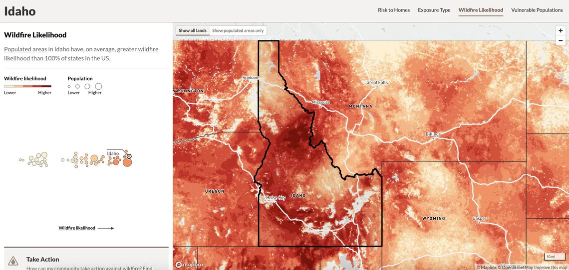 A U.S. Forest Service map of wildfire risk shows most of Idaho is extremely likely to burn. The agency also found homes across Idaho are at high risk.