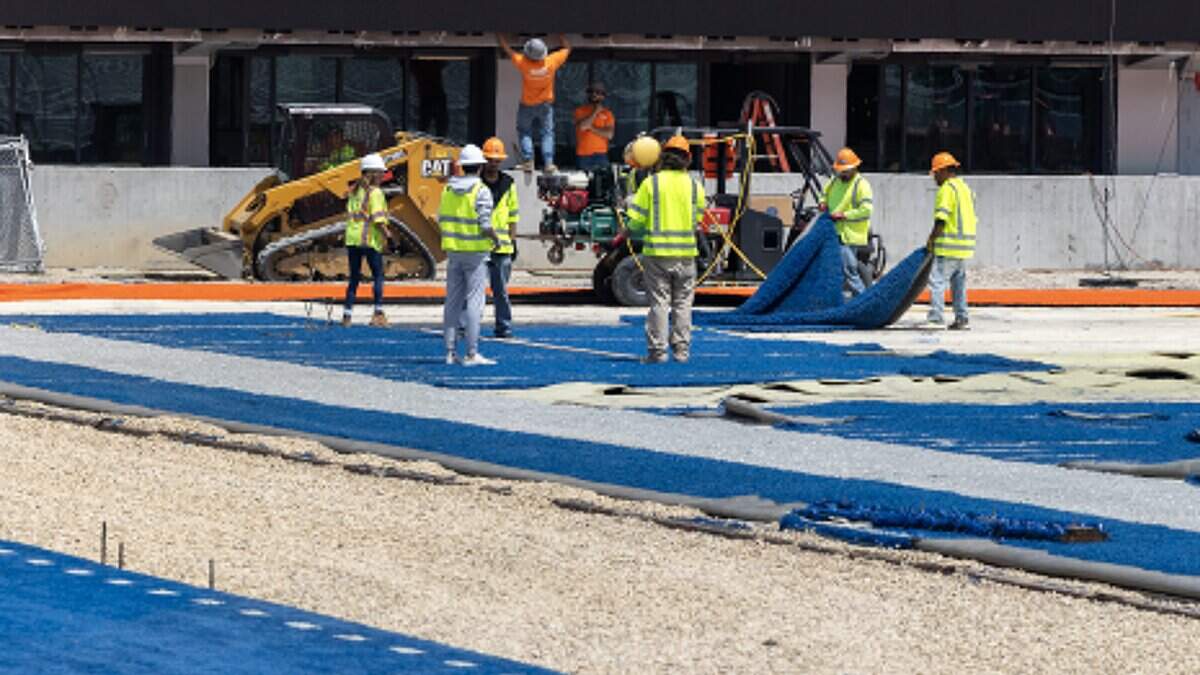 Work begins on replacing the blue turf at Albertsons Stadium at Boise State University, Monday, June 29, 2026.