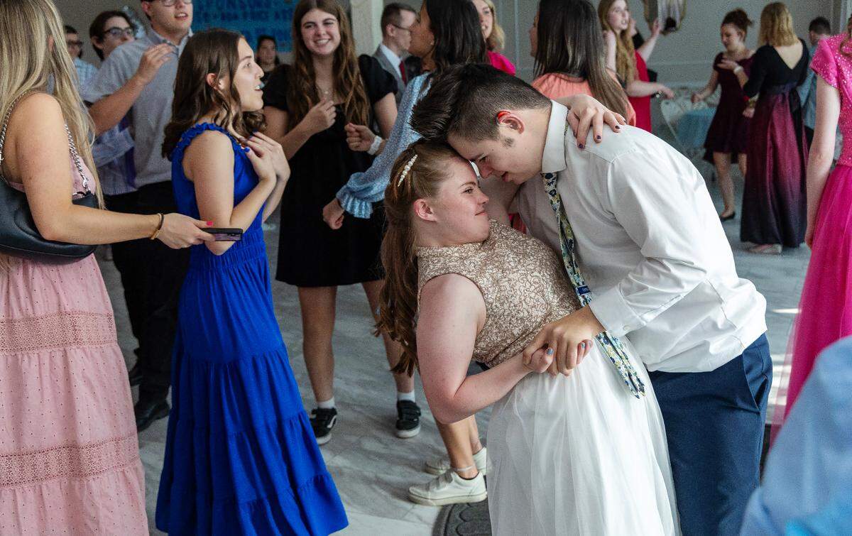 Morgan Wood and Ian Larsen dance together during VIP Prom, Saturday, April 13, 2024, at Potomac Manor Event Center. Mountain View High School Student Leadership hosted the event which was open to all West Ada School District students with special needs and their families.