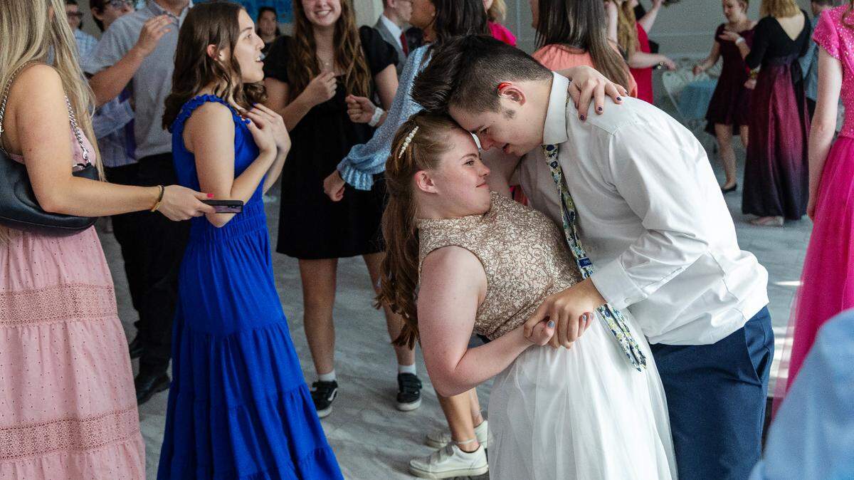 Morgan Wood and Ian Larsen dance together during VIP Prom, Saturday, April 13, 2024, at Potomac Manor Event Center. Mountain View High School Student Leadership hosted the event which was open to all West Ada School District students with special needs and their families.