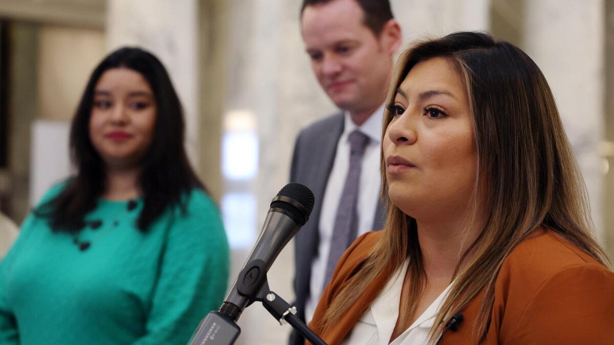 Estefania Mondragon, executive director of PODER of Idaho, speaks at a press conference about the reasons to support Senate Bill 1081. Poder gathered 8,000 signatures from people who supported the bill across Idaho.