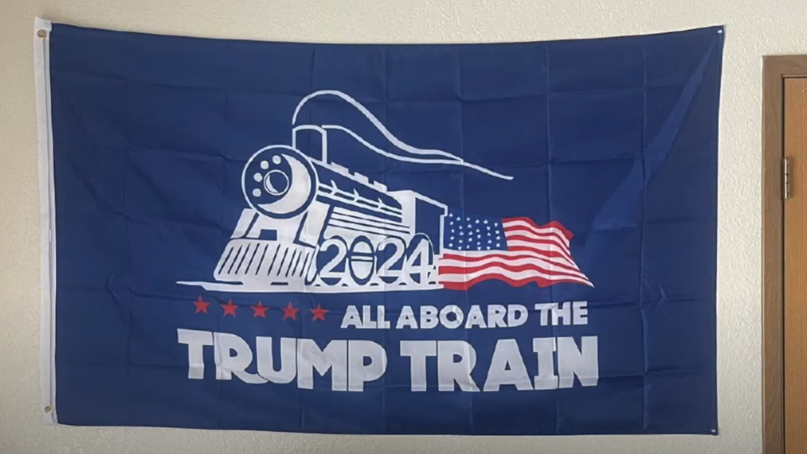 The “All Aboard the Trump Train 2024” flag hung by University of Idaho student Michael Leggett, of Murrieta, California, in his off-campus apartment in Moscow, Idaho.