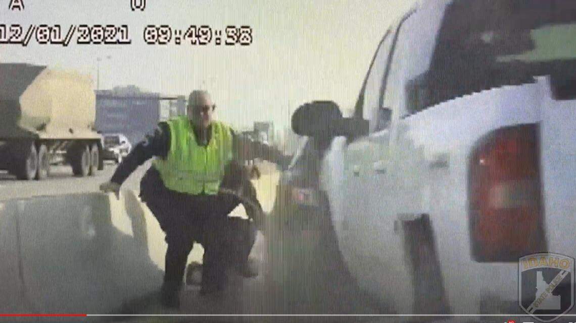Idaho state trooper, I-84 motorist nearly smashed by pickup truck, video shows