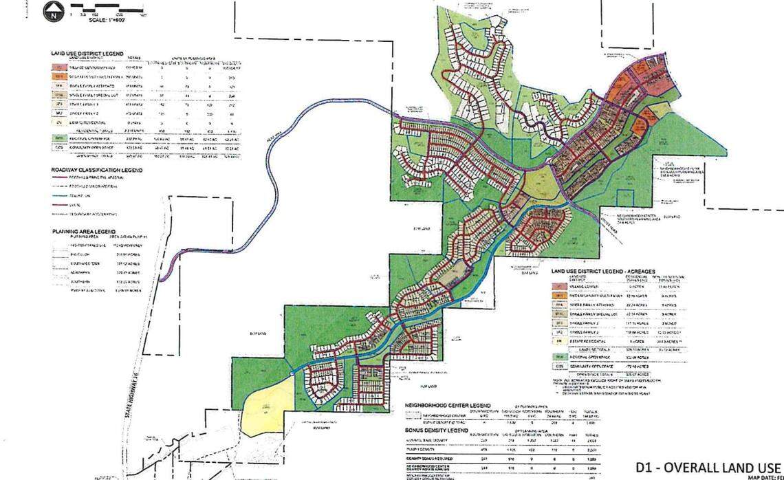 The map shows the first phase of Spring Valley. It would include 2,200 homes, as well as a possible school, police and fire stations and community gathering spaces.