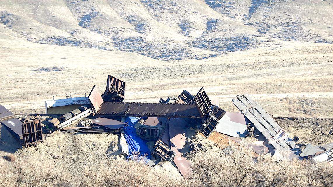 About 28 Union Pacific train cars derailed at 1:30 a.m. Sunday, Dec. 5, 2021, near Hammett in Elmore County. There were no injuries, according to a Union Pacific spokesperson.