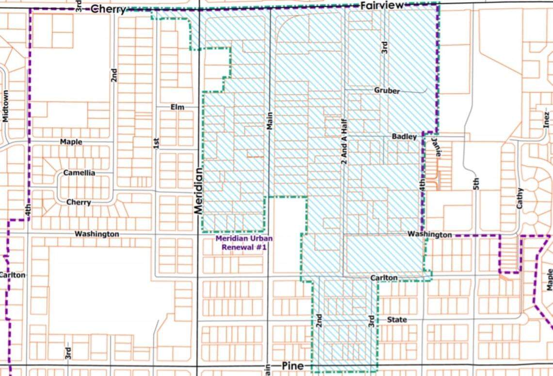 Meridian planning officials propose to remove the area marked with diagonal lines from the Downtown Revitalization District to form a new Northern Gateway District. The Downtown Revitalization District boundary is shown with thick dotted lines at the top, right and left edges of this image. A property of vacant farmland would also be included in the Northern Gateway District. It is out of the image in the upper left corner, north of Cherry Lane and west of Meridian Road.