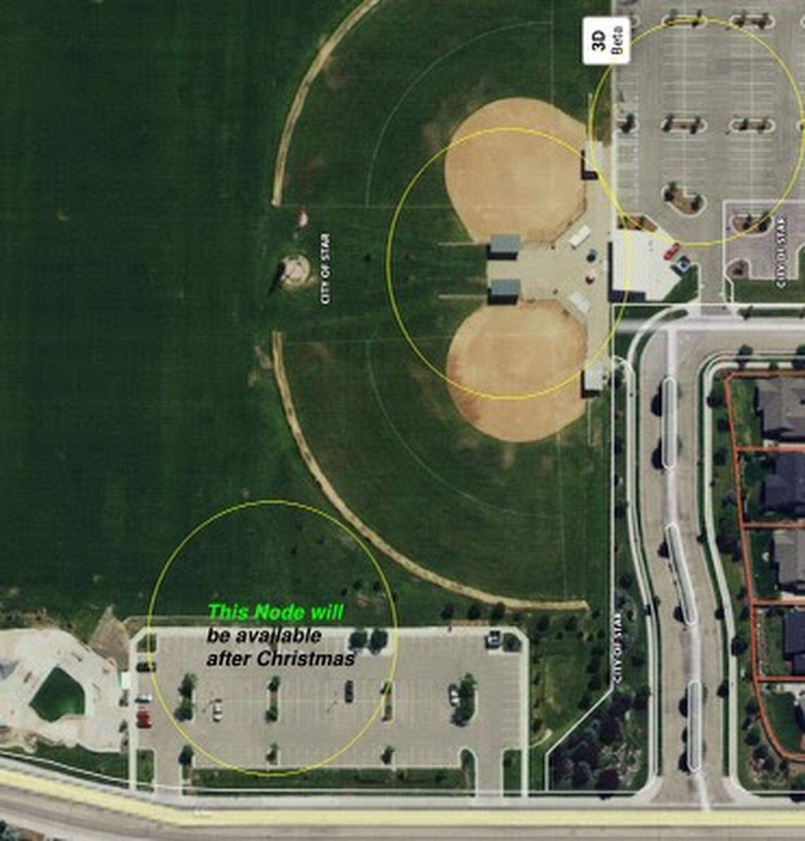 A map shows where two open wireless nodes are in Hunter’s Creek Park and where a third will come shortly after Dec. 25.