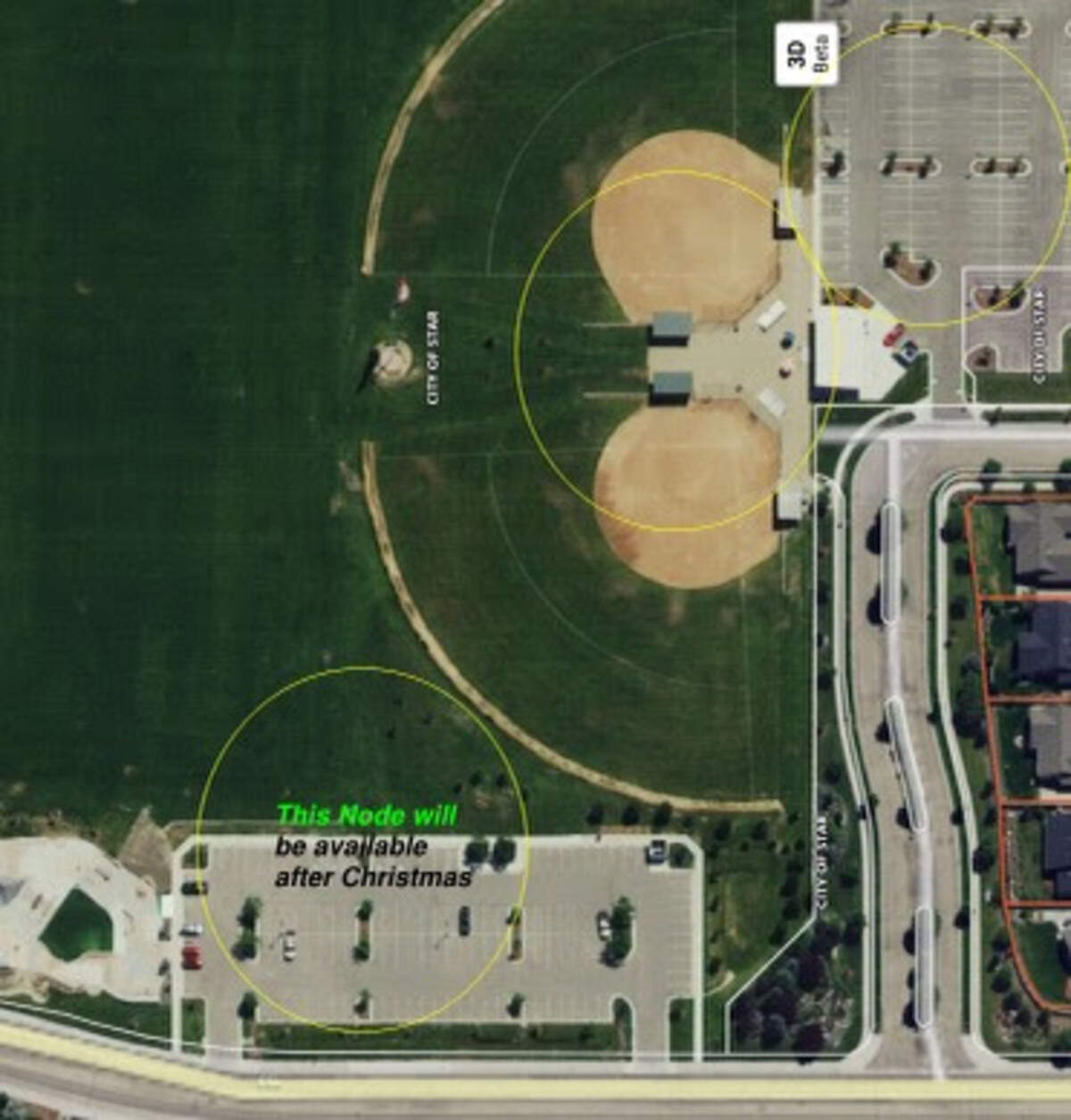 A map shows where two open wireless nodes are in Hunter’s Creek Park and where a third will come shortly after Dec. 25.