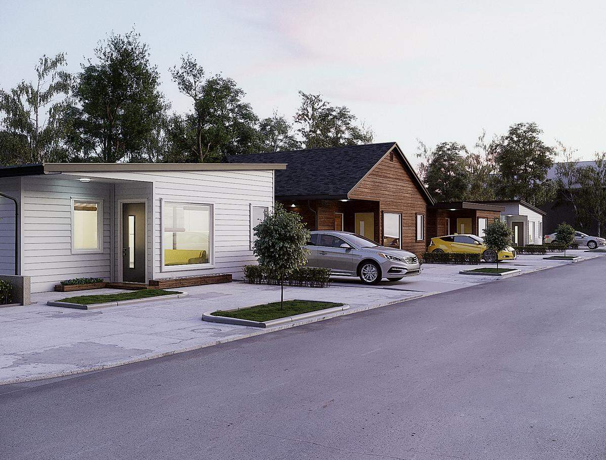 A drawing provided by Leap Housing Solutions shows how the homes made from recycled shipping containers will look. Low-income families will be able to buy homes in the 14-home subdivision for $212,000. They will include appliances and a high-efficiency heating and cooling system.
