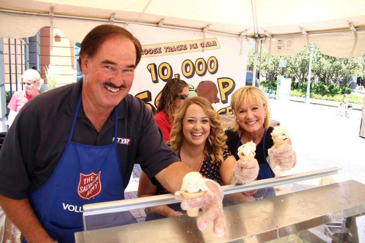 Late KTVB personality Larry Gebert, along with then-co-workers Bonnie Shelton, center, and Carolyn Holly, served up ice cream at the Moose Tracks event in 2015 in Boise.
