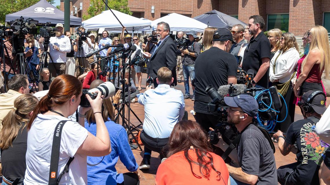 Leander James, attorney for the family of Madison Mogen, speaks after a hearing in the case of Bryan Kohberger. The 30-year-old pleaded guilty Wednesday in court to first-degree murder in the stabbings of four University of Idaho students in their Moscow home in 2022.