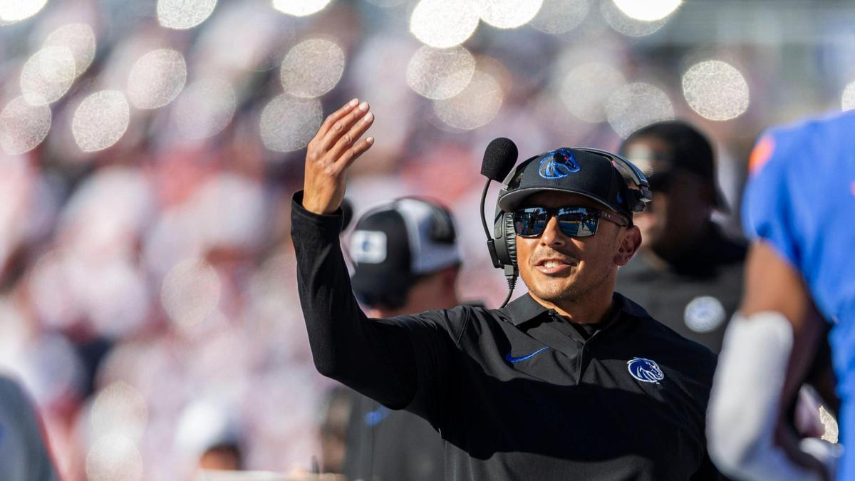 Boise State head football coach Andy Avalos celebrates a Bronco touchdown against UCF in the home opener, Saturday, Sept. 9, 2023.
