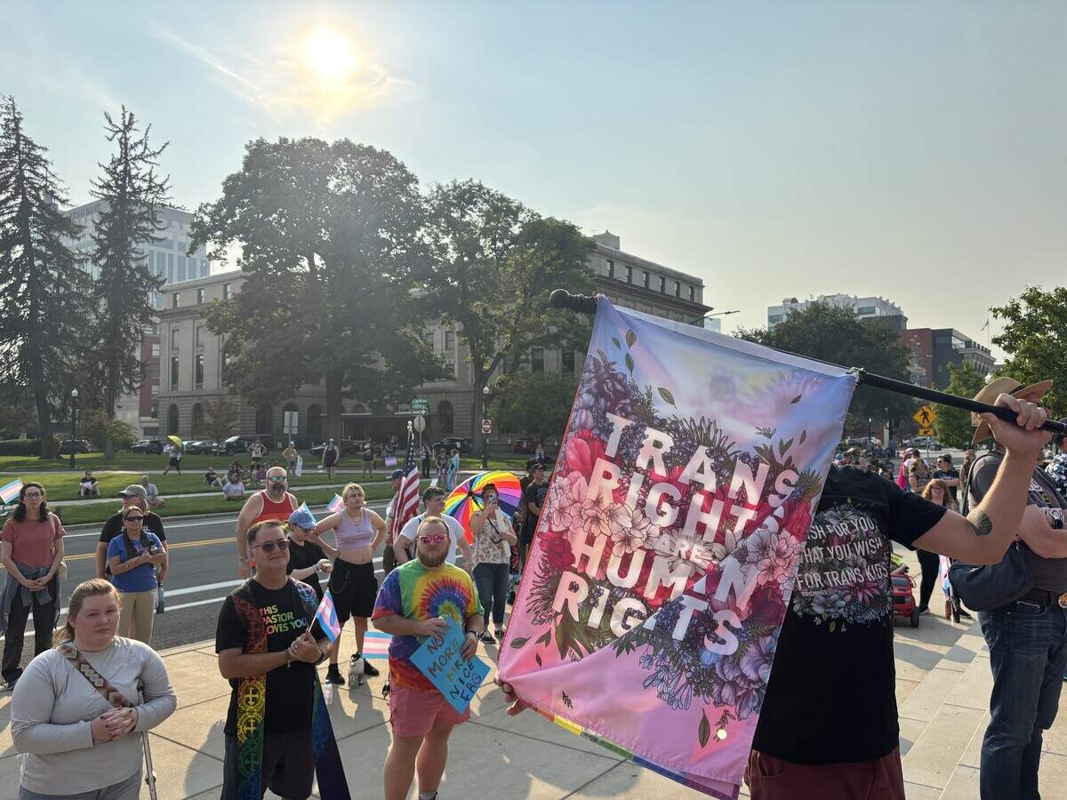 People join the Boise Trans March rally at the Idaho Capitol on Friday evening.