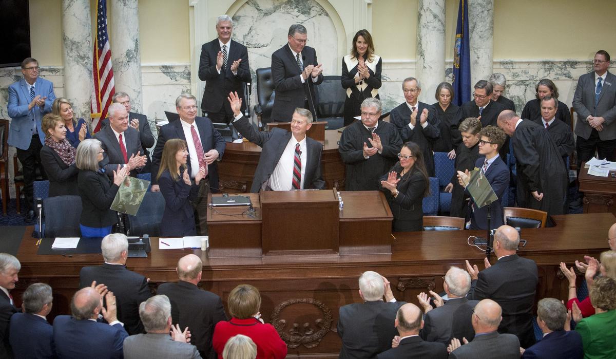 Members of the House and Senate, congressional officers, judiciary and staff give Gov. Brad Little a standing ovation after his inaugural State of the State address on Monday, Jan. 7, 2019.