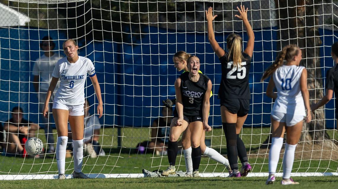 Rocky Mountain forward Maddie Jakobson screams and turns to teammate Campbell Wilson after scoring the only goal in a 1-0 victory against Timberline in the 6A District Three Tournament semifinals Thursday.