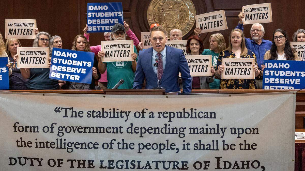 Daniel Mooney, president of the Committee to Protect and Preserve the Idaho Constitution, backed by an alliance of pro-public education organizations and individuals, announces a legal challenge to House Bill 93 passed by the Idaho Legislature establishing a voucher subsidy for private eduction in Idaho. The announcement was made in the Lincoln Auditorium at the Idaho State Capitol in Boise, Wednesday, Sept. 17, 2025.