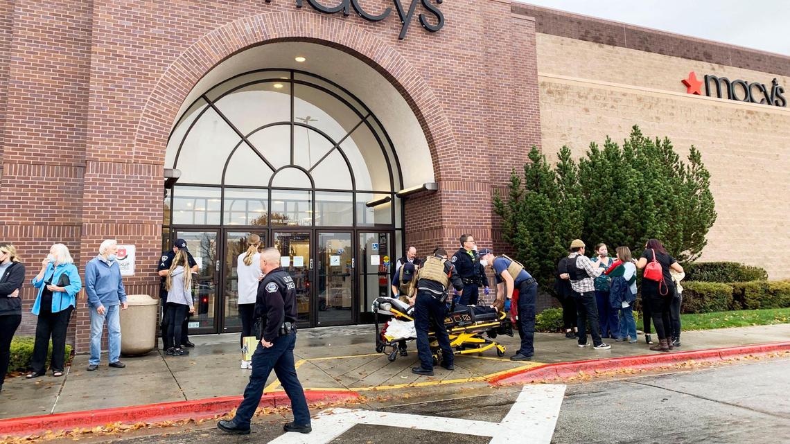 Police and emergency crews respond to a shooting at the Boise Towne Square mall on Oct. 25, 2021.