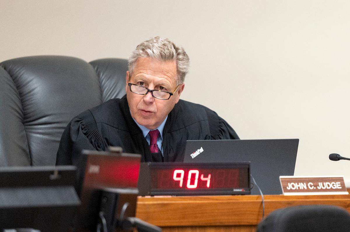 District Judge John Judge presides over an arraignment hearing Monday for Bryan Kohberger, who is accused of killing four University of Idaho students in November 2022. The hearing was held in Latah County Court in Moscow.