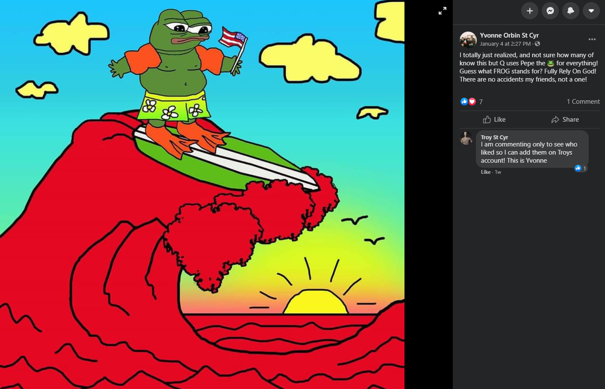 In a Jan. 4, 2021 post, Yvonne St Cyr references the baseless QAnon conspiracy while mentioning “Pepe the Frog,” a meme labled as a hate symbol by the Anti-Defamation League.