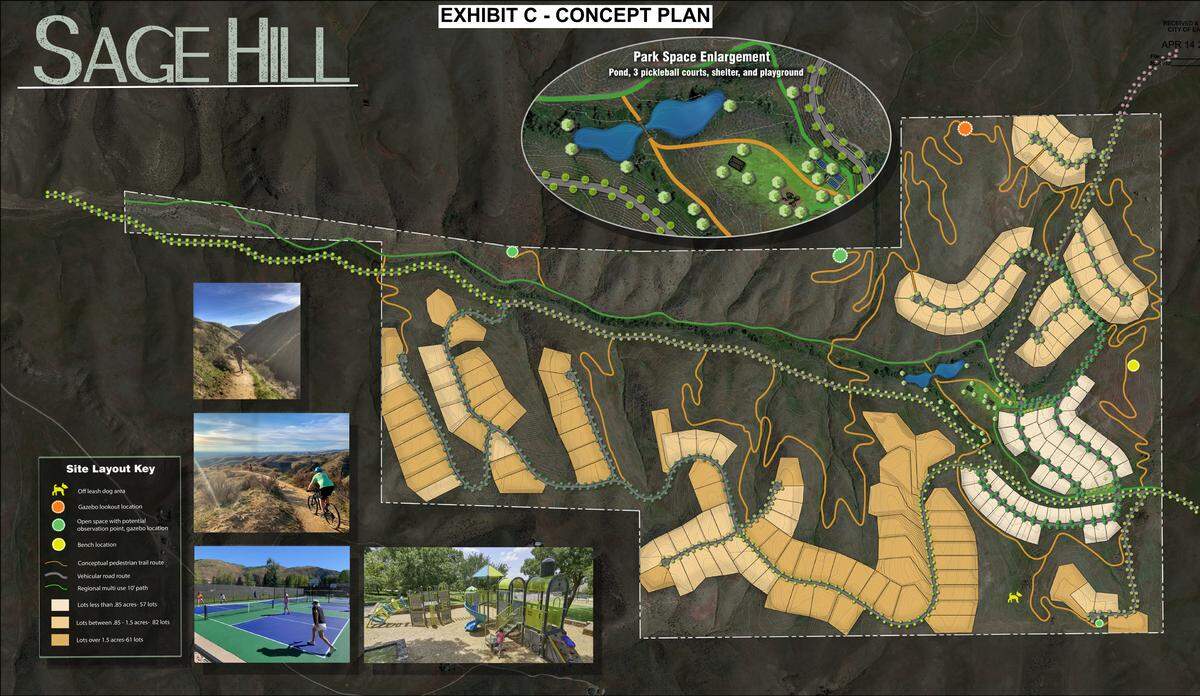 The Sagehill subdivision would include a denser cluster of homes in its southeast corner, with homes on larger lots spreading west. A new five-lane road is planned to cut east-west through the subdivision.
