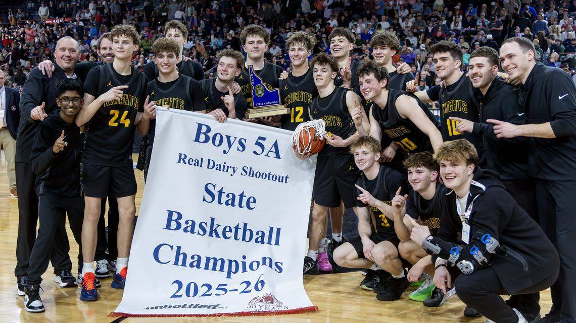 Bishop Kelly defeats Lewiston to take the 5A boys basketball state championship title Saturday, March 7, 2026 at the Ford Idaho Center in Nampa.