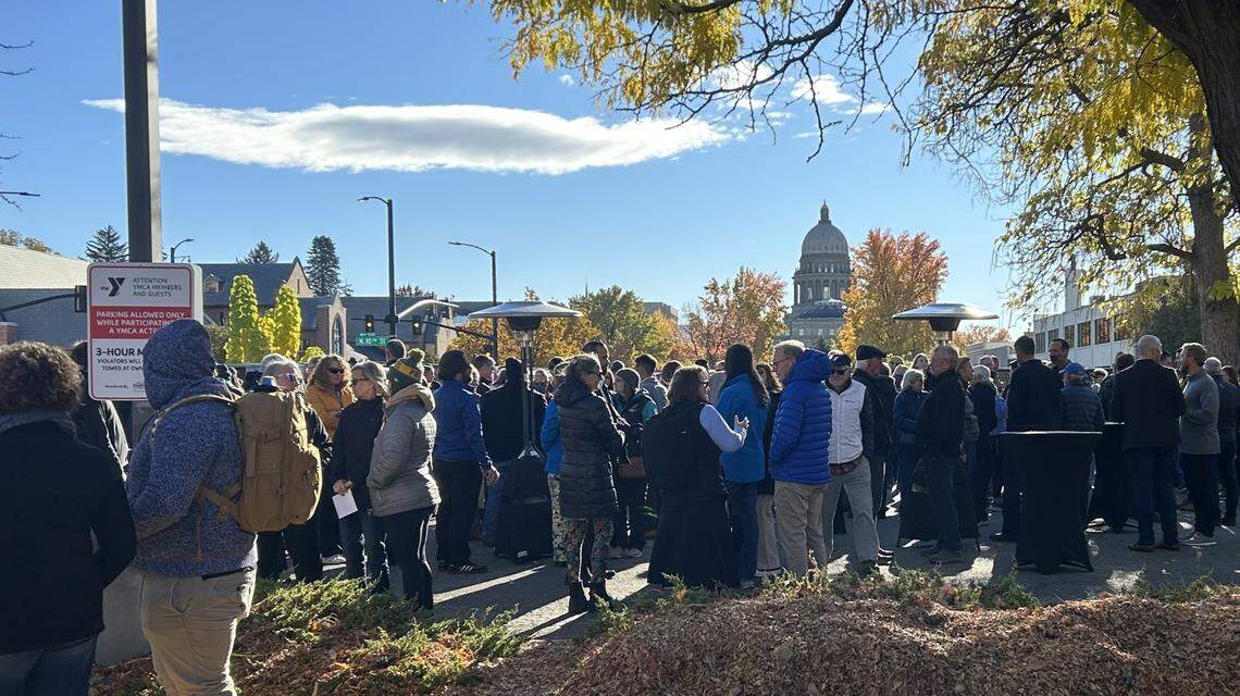 Dozens of attendees gathered to celebrate the groundbreaking of the new CapEd Downtown Boise YMCA. The new building would be built behind the crowd pictured here, with the Idaho Capitol in background.
