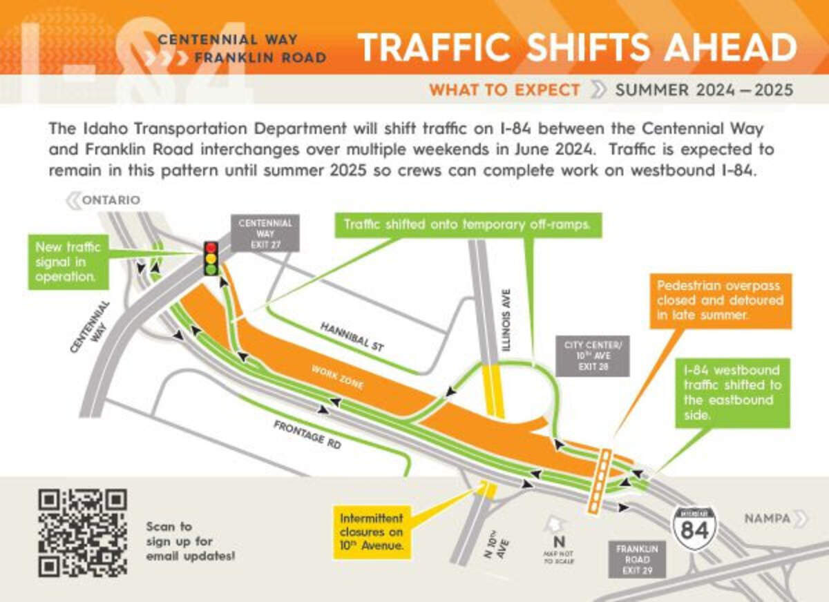 The planned construction along Interstate 84 in Caldwell starting this summer.