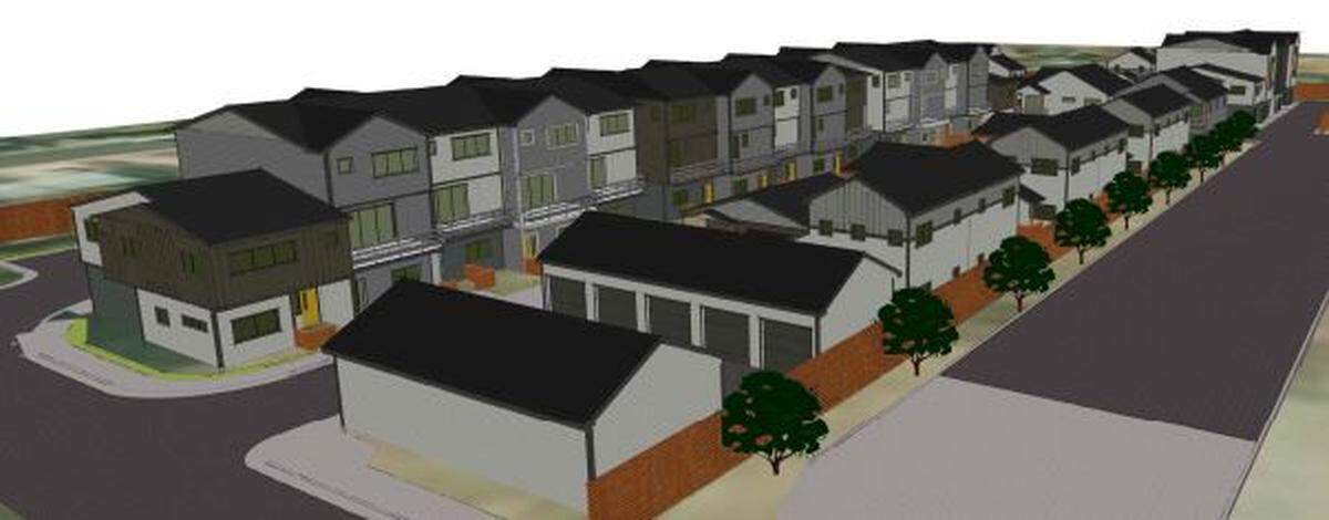 A rendering of the ColeBluff Cottages planned for the southern piece of the former Cole School grounds at Cole Road and Fairview Avenue. NeighborWorks plans 39 affordable homes.