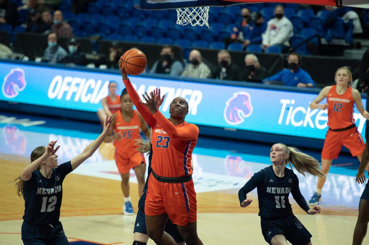 Sophomore forward Elodie Lalotte had 18 points and 13 rebounds in Boise State’s 76-75 overtime loss to Nevada on Thursday at ExtraMile Arena.