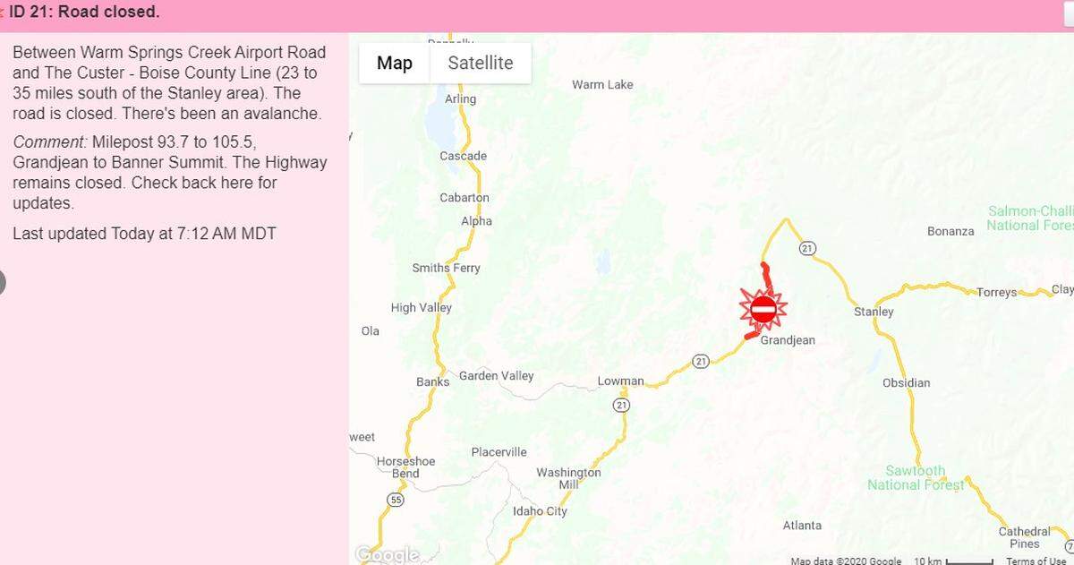 This map reports a closure on Interstate 21 on April 1, after an avalanche, according to the Idaho Transportation Department.