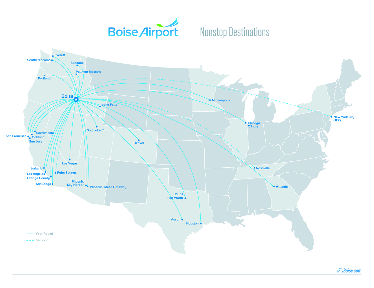 All 27 locations that Boise Airport offers direct flights to as of March 2022.