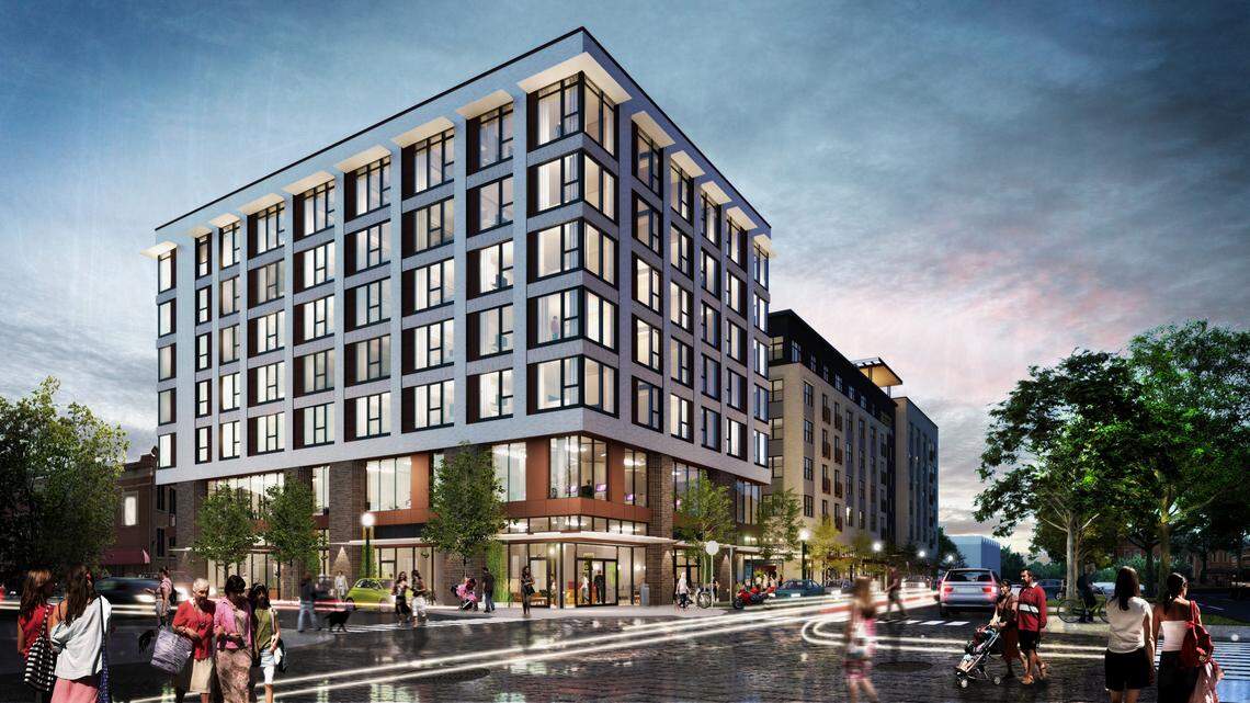 The building at Sixth and Grove would include two floors of office and commercial space with five floors of apartments above, including units for low-income renters.