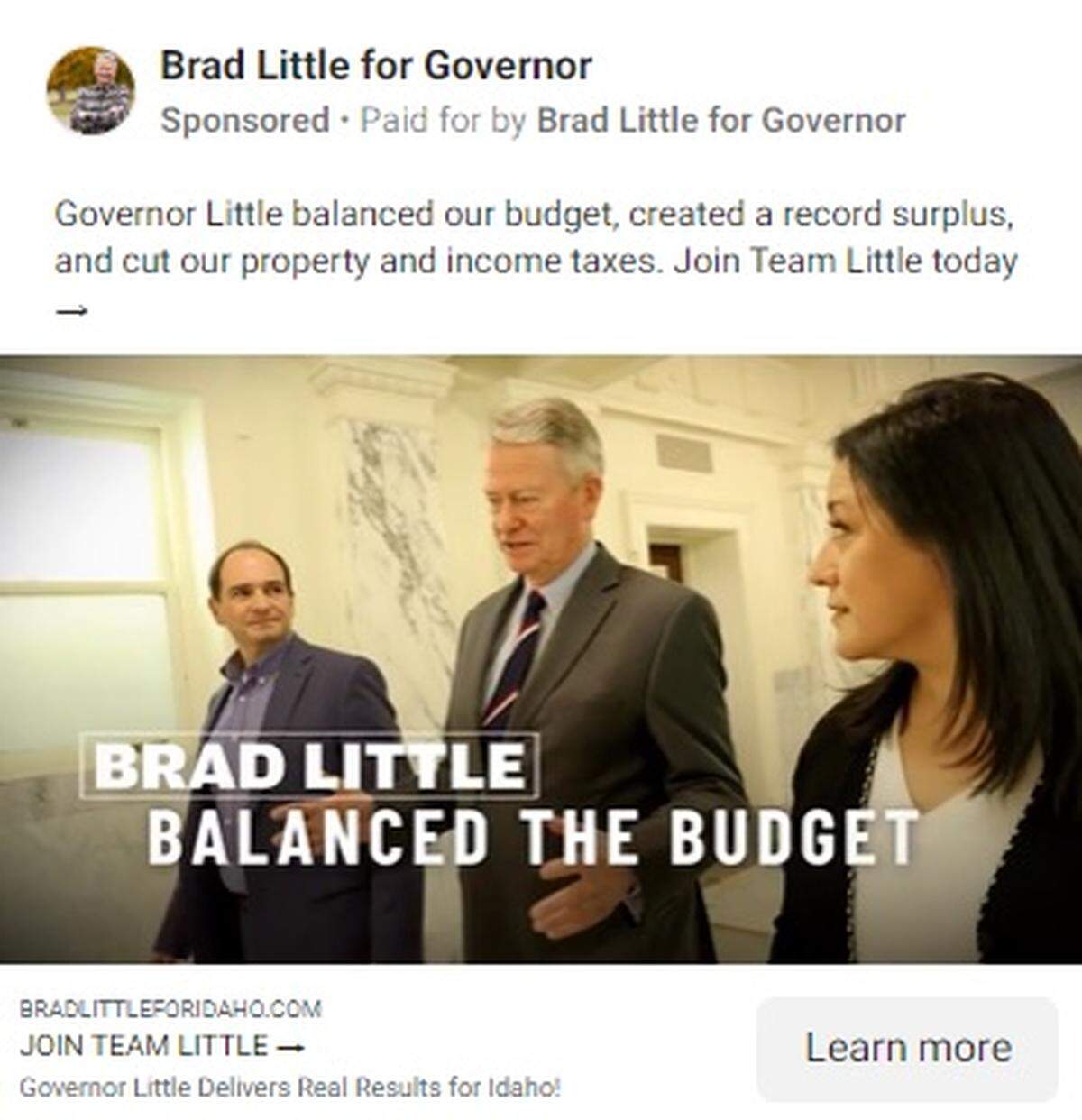 A screenshot shows a Facebook post as it appeared in the days before Idaho’s primary election. Gov. Brad Little’s campaign spent about $86,000 on social media advertising in April and May.