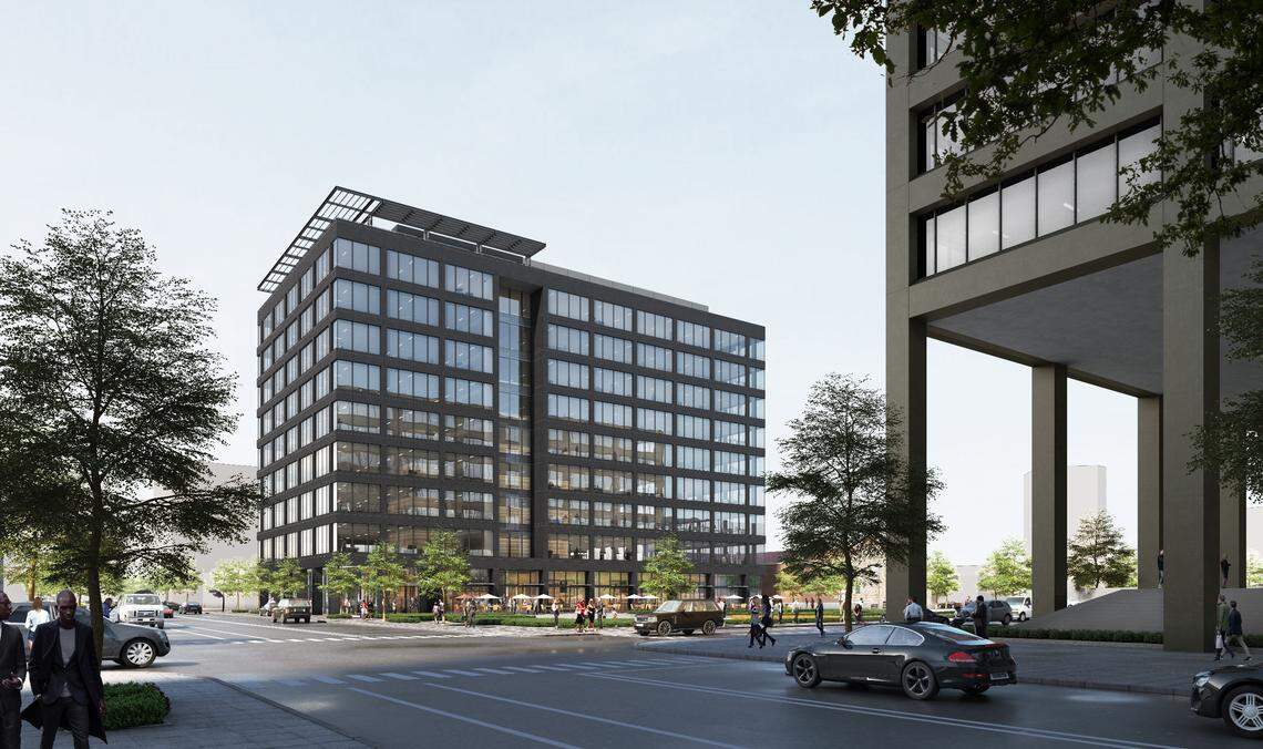 An artist’s rendering looking southwest along 11th Street at the proposed 10-story office. The city of Boise plans to build the park in front of the building in this view. Bannock Street separates the proposed building and park from the Boise Plaza, right.