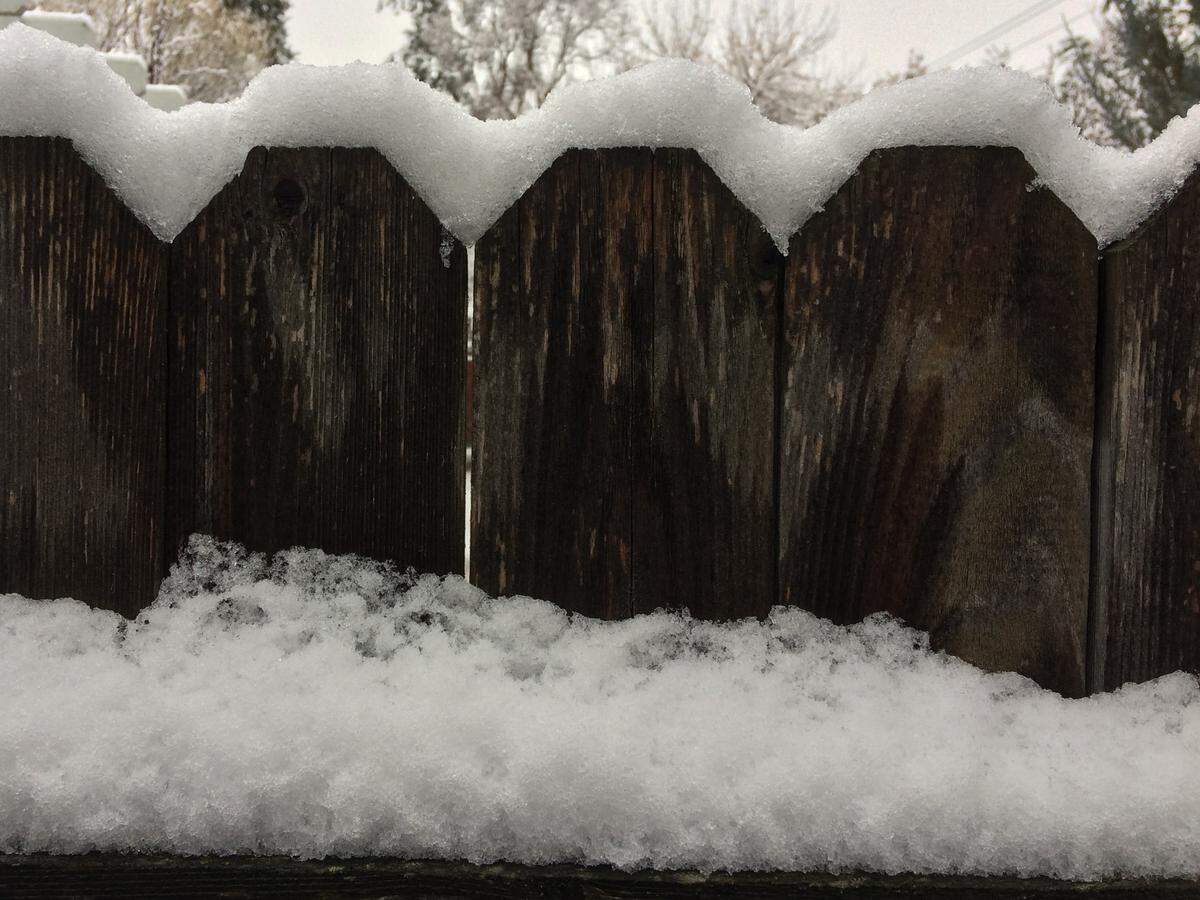 Snow accumulates on a backyard fence in Boise’s North End amid just-above-freezing temperatures as a cold front brought a snowfall that deposited 2 inches on Tuesday.