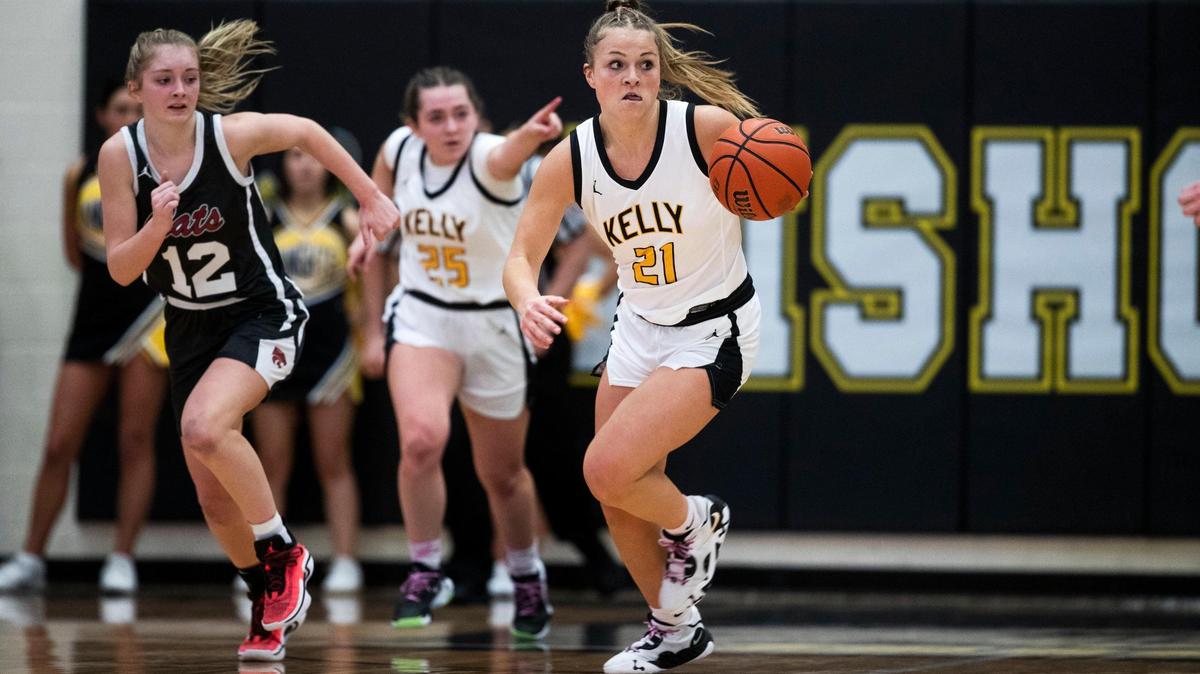 Bishop Kelly senior Caroline Knothe leads the Knights up the court Friday during a 50-30 win over Columbia. Knothe scored 24 points, including 21 in the second half, at Bishop Kelly High.