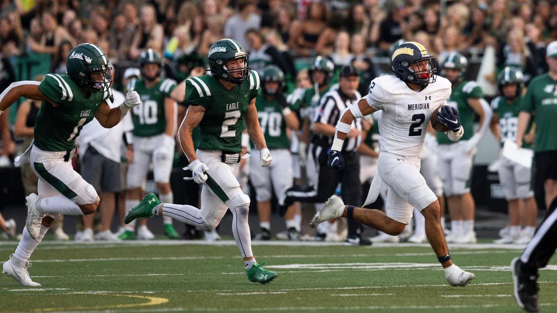 Meridian running back Marco Del Rio breaks free for a 69-yard touchdown last week at Eagle. The Warriors travel to Mountain View on Friday for another matchup of 5A SIC heavyweights.