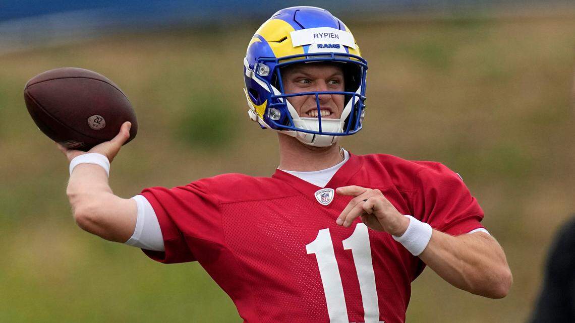 Los Angeles Rams backup quarterback Brett Rypien throws a pass during organized team activities Wednesday in Thousand Oaks, California. The former four-year starter at Boise State is competing to back up Matthew Stafford.