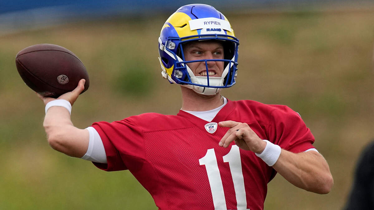Los Angeles Rams backup quarterback Brett Rypien throws a pass during organized team activities Wednesday in Thousand Oaks, California. The former four-year starter at Boise State is competing to back up Matthew Stafford.